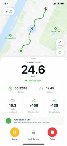 RideTrack: ekran aktywnego przejazdu rowerowego z nawigacją